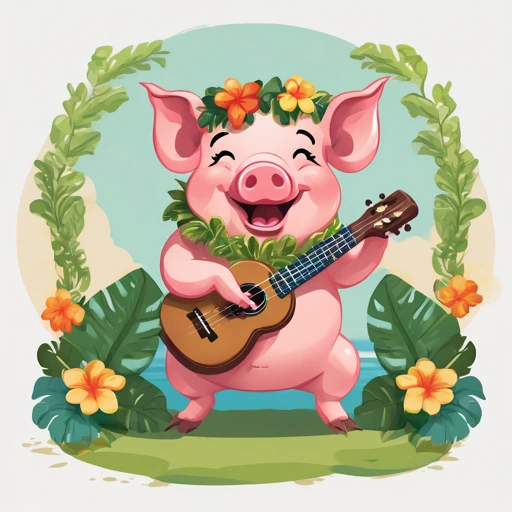 A cheerful pig playing a ukulele with a lei around its neck