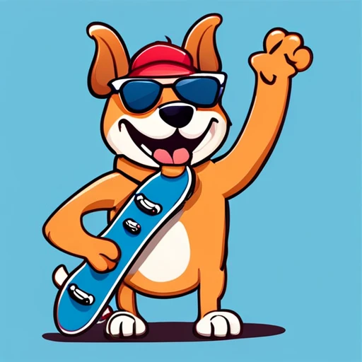 A happy smiling cartoon dog wearing sunglasses and a backward baseball cap holding up a skateboard