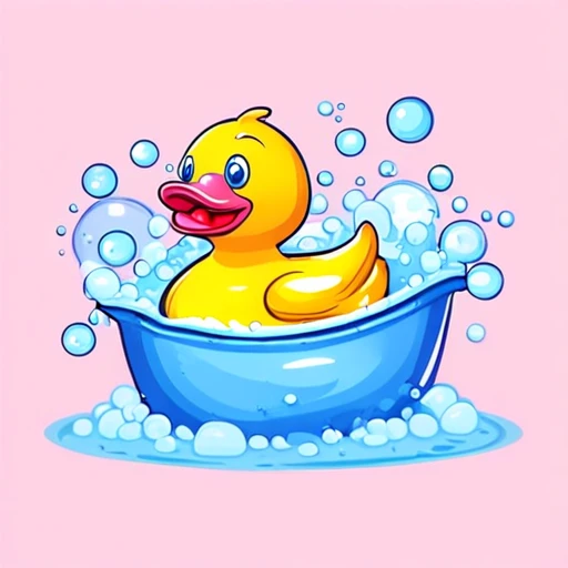 A happy sunshine yellow rubber duck cartoon with crossed eyes jumping into a bubble bath filled with blue and pink suds