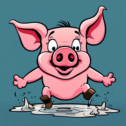 A silly pig cartoon doing a faceplant legs and arms splayed out after attempting to jump over a muddy puddle 
