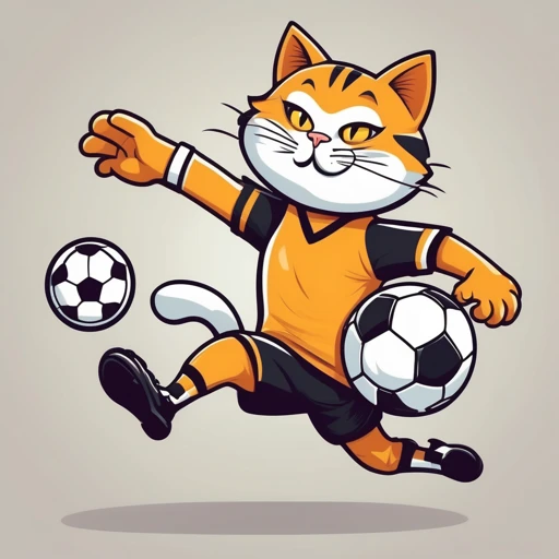 A stylish cartoon cat goalie leaping to block a soccer ball arms and legs outstretched with a confident expression