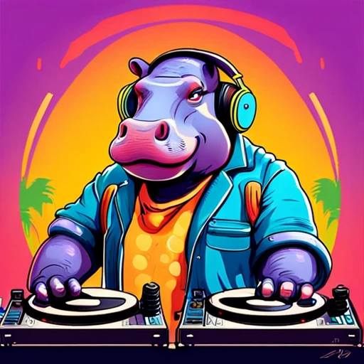 A vibrant cartoon portrait of a hippo DJ mixing tracks
